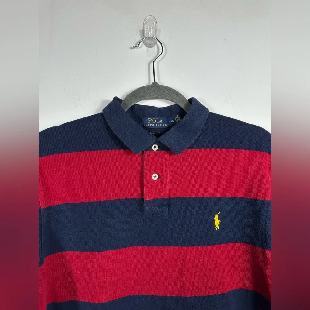 Polo Ralph Lauren Custom Fit Polo Shirt Mens Large Red Navy Striped Short Sleeve